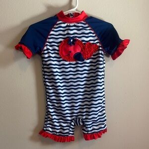Girls Navy & Red Stripe One-Piece Rash Guard Swimsuit - wippette 12 month